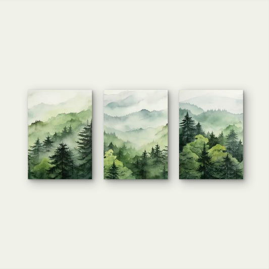 3pcs Misty Green Forest Watercolor Mountain Wall Art Set Canvas Framed 40x60cm - High Quality Print 100% Australian Made Wall Canvas Ready to Hang - Bella Home Decor