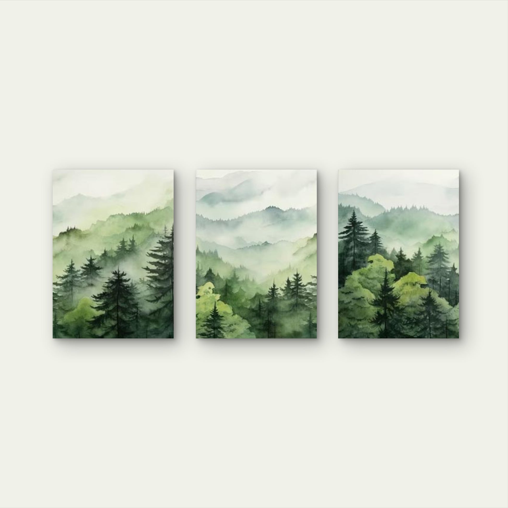 3pcs Misty Green Forest Watercolor Mountain Wall Art Set Canvas Framed 60x90cm - High Quality Print 100% Australian Made Wall Canvas Ready to Hang - Bella Home Decor