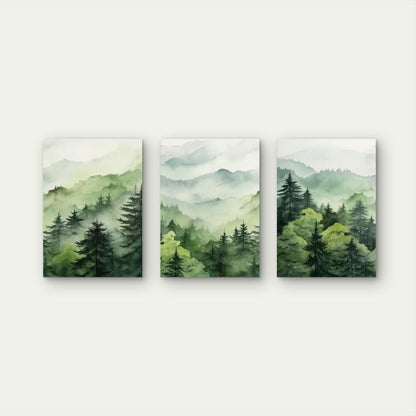 3pcs Misty Green Forest Watercolor Mountain Wall Art Set Canvas Framed 60x90cm - High Quality Print 100% Australian Made Wall Canvas Ready to Hang - Bella Home Decor