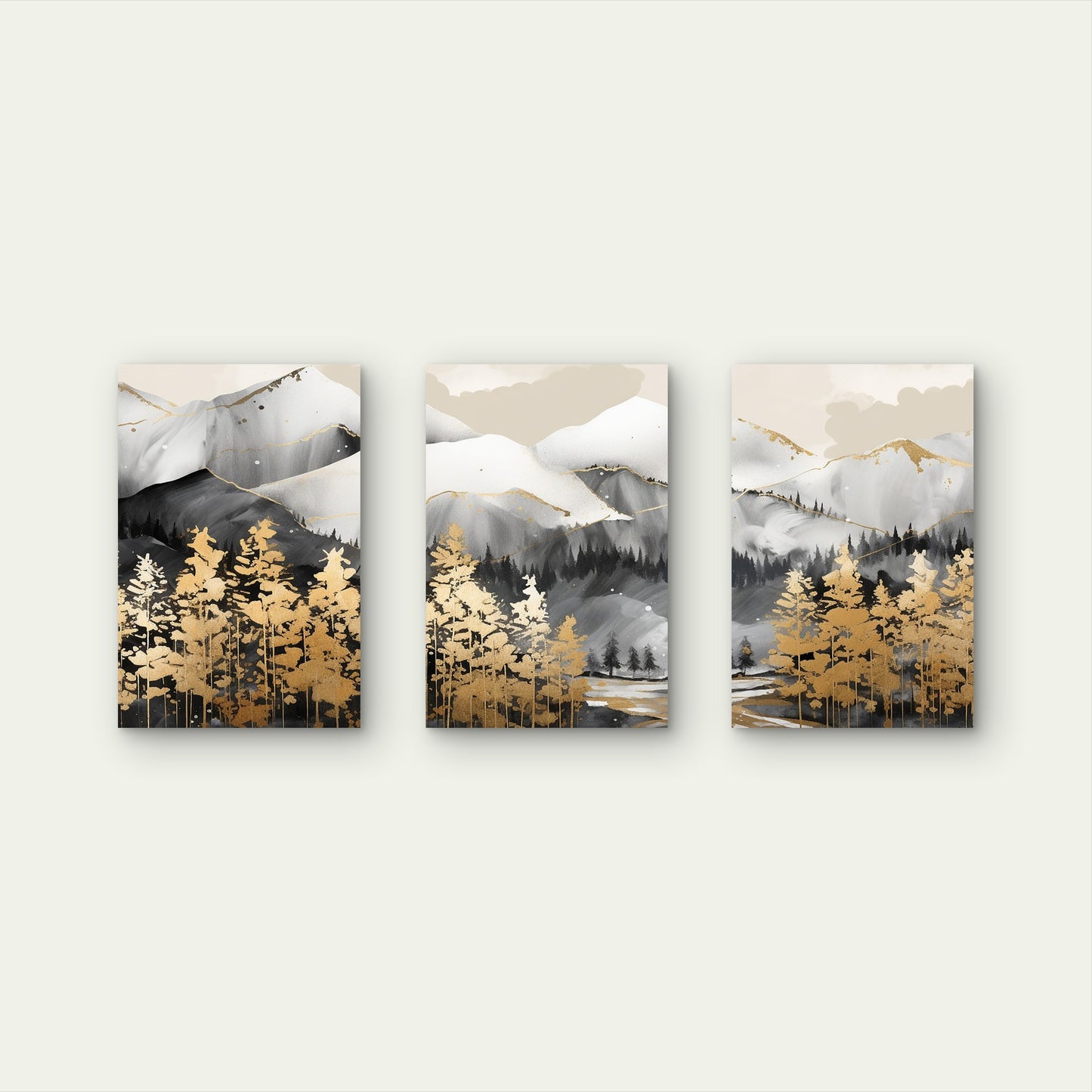 3pcs Gold Pine Tree Black White Mountain Forest Wall Art Set Canvas Framed 40x60cm - High Quality Print 100% Australian Made Wall Canvas Ready to Hang