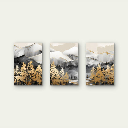 3pcs Gold Pine Tree Black White Mountain Forest Wall Art Set Canvas Framed 50x70cm - High Quality Print 100% Australian Made Wall Canvas Ready to Hang