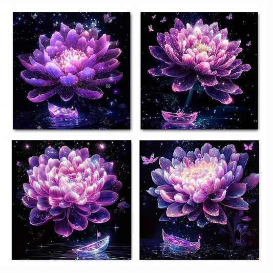 4pcs Purple Lotus Flower Wall Art Canvas Framed
