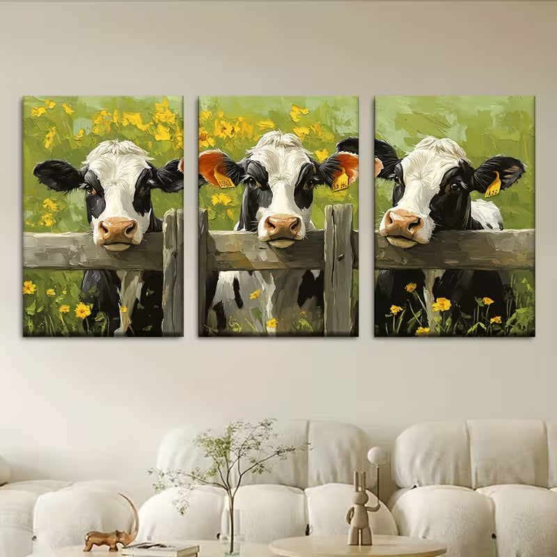 3pcs Depicting a Cow in a Yellow Flower Field Wall Art Set Canvas Framed 40x60cm - High Quality Print 100% Australian Made Wall Canvas Ready to Hang - Bella Home Decor