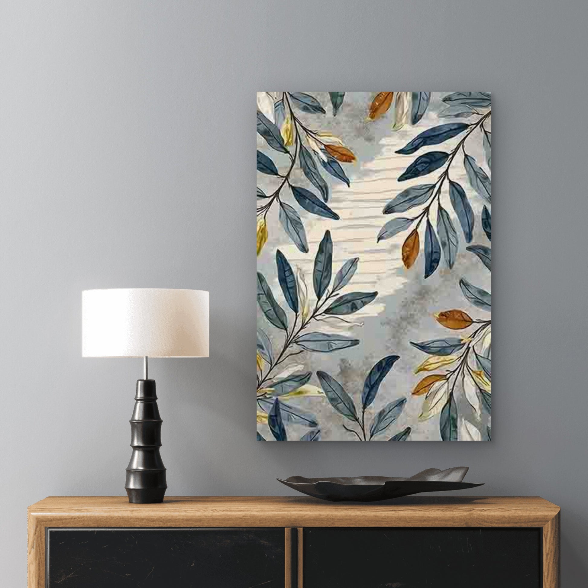 Watercolor-Style Blue, Yellow, Green Leaf 40x60cm Metal Print Ready to Hang - Bella Home Decor