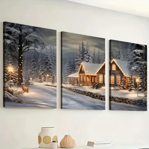 3pcs Modern Forest Igloo Landscape Art Winter Wall Art Set Canvas Unframed - High Quality Print 100% Australian Made Wall Canvas