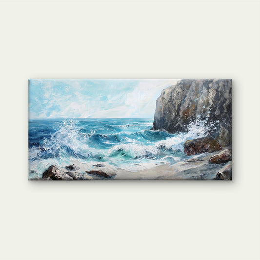 Waves Crashing On Rocky Shore Wall Art Canvas Office Home Room Framed 120x60cm