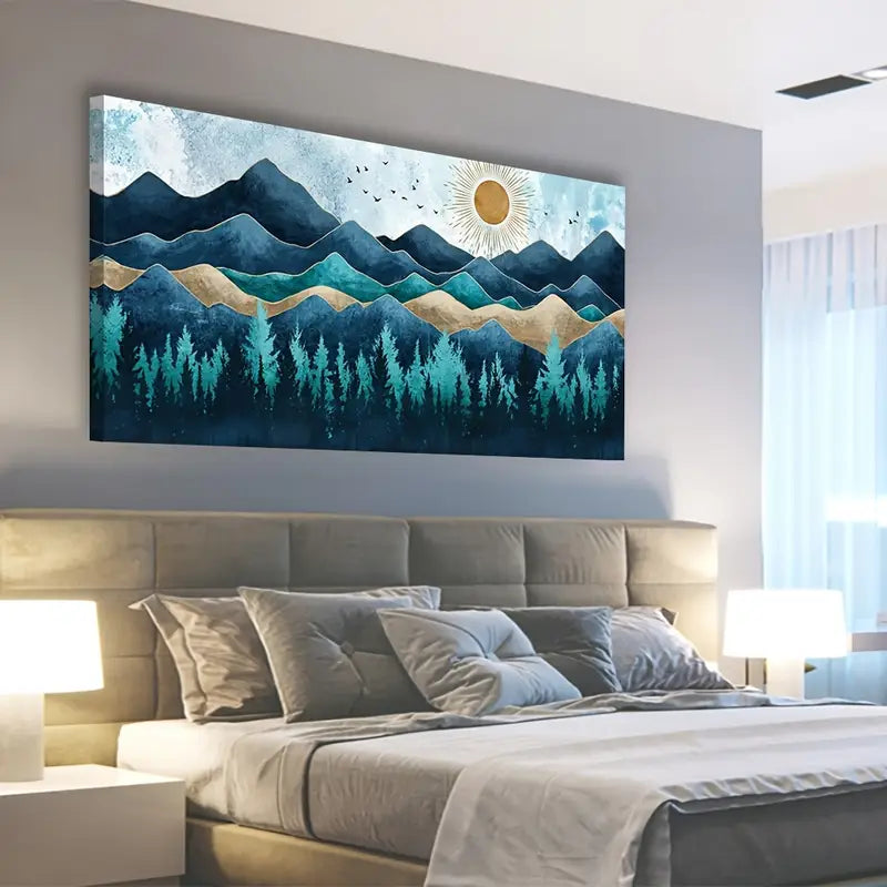 Blue Abstract Forest Mountain Rustic Vintage Nature Wall Art canvas office home room framed 120x60cm - Bella Home Decor