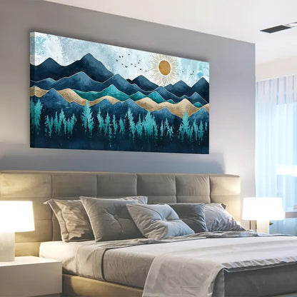 Blue Abstract Forest Mountain Rustic Vintage Nature Wall Art canvas office home room framed 120x60cm - Bella Home Decor