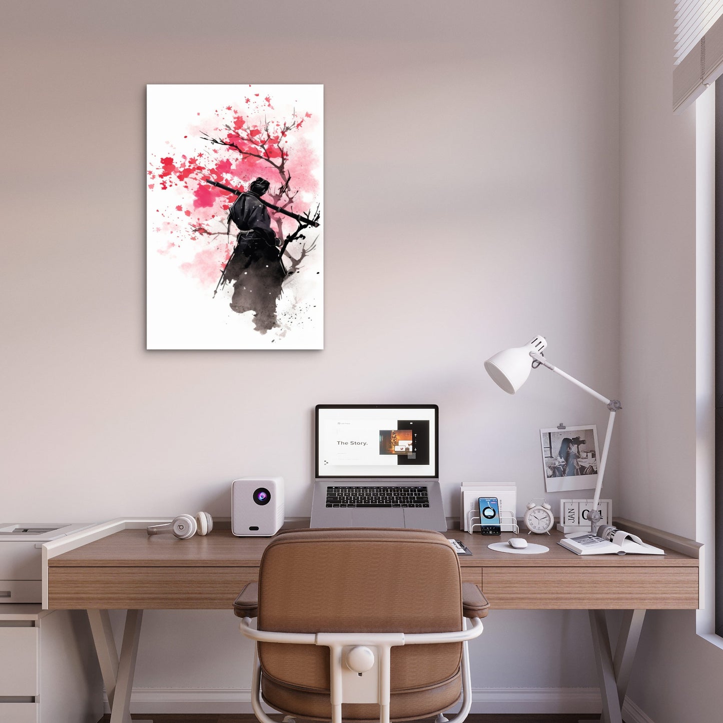 Silhouette Samurai Sakura Branches 40x60cm Metal Print Ready to Hang