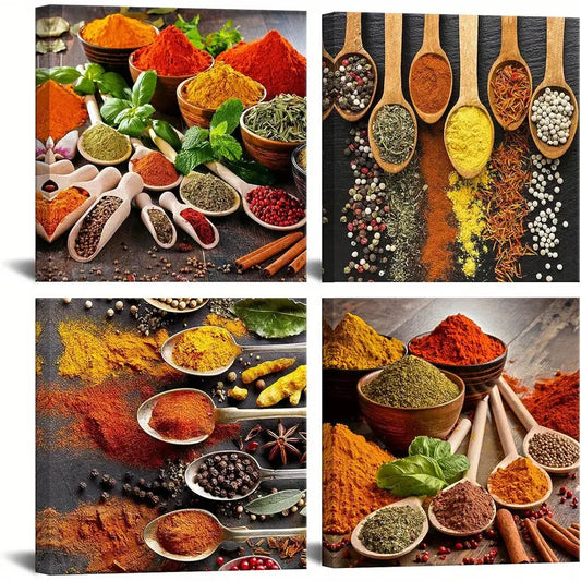 4pcs Vibrant Spice & Wooden Spoon Wall Art Canvas Framed