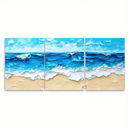 3pcs Blue Beach Abstract Painting Summer Sea Metal Print Ready to Hang Art - Bella Home Decor