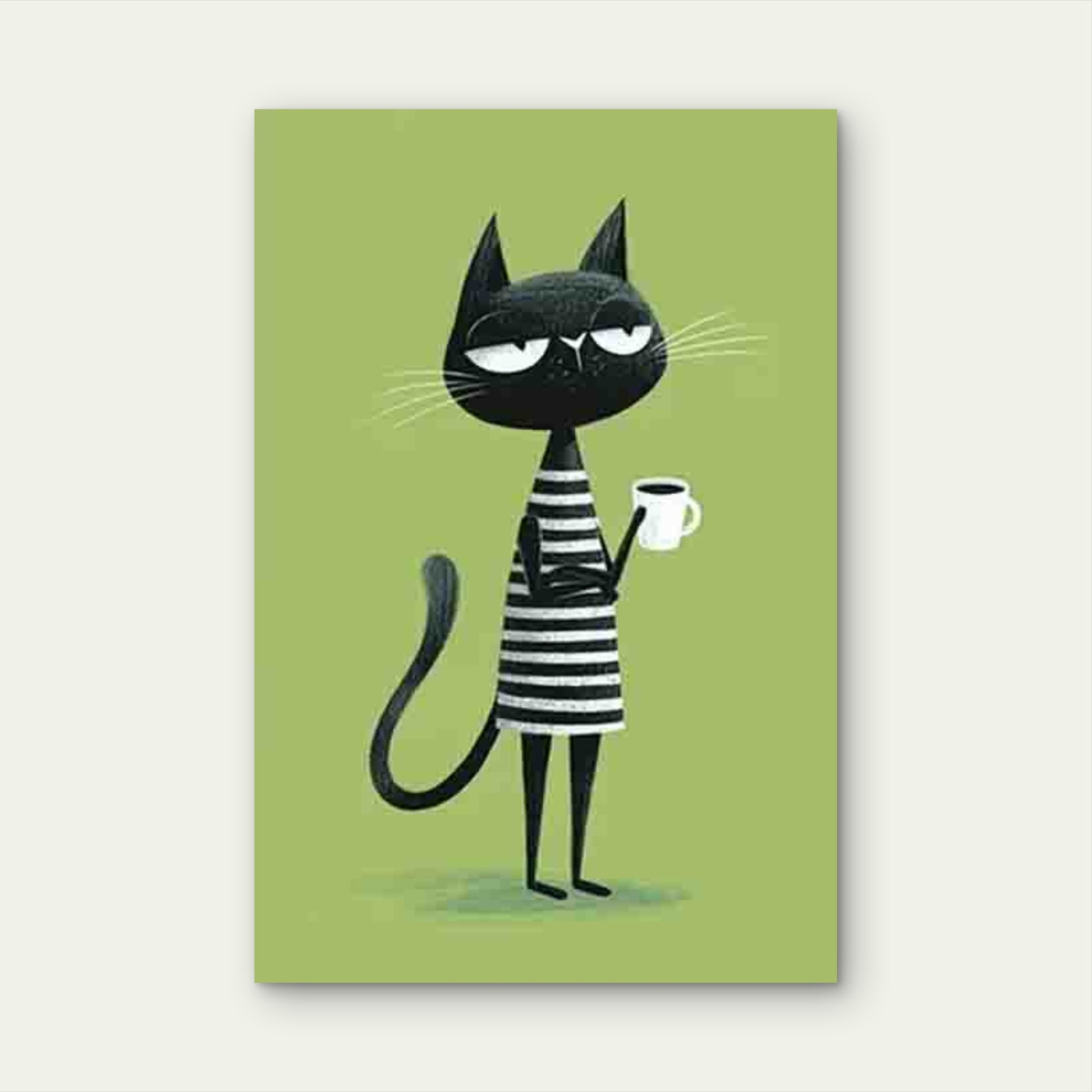 Black & White Skeptical Cat with Coffee 60x90cm Metal Print Ready to Hang - Bella Home Decor