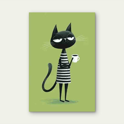 Black & White Skeptical Cat with Coffee Metal Print Ready to Hang - Bella Home Decor