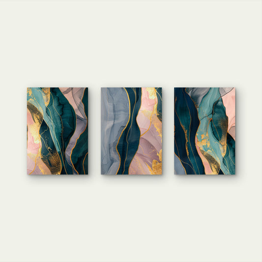 3pcs Teal Pink Abstract Gold Marble Wave Wall Art Set Canvas Framed 60x90cm - High Quality Print 100% Australian Made Wall Canvas Ready to Hang