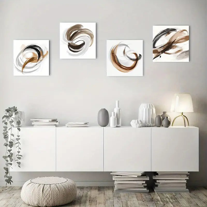 4pcs  Swirls in Black, White, Gray & Beige  L   Wall Art Canvas Framed