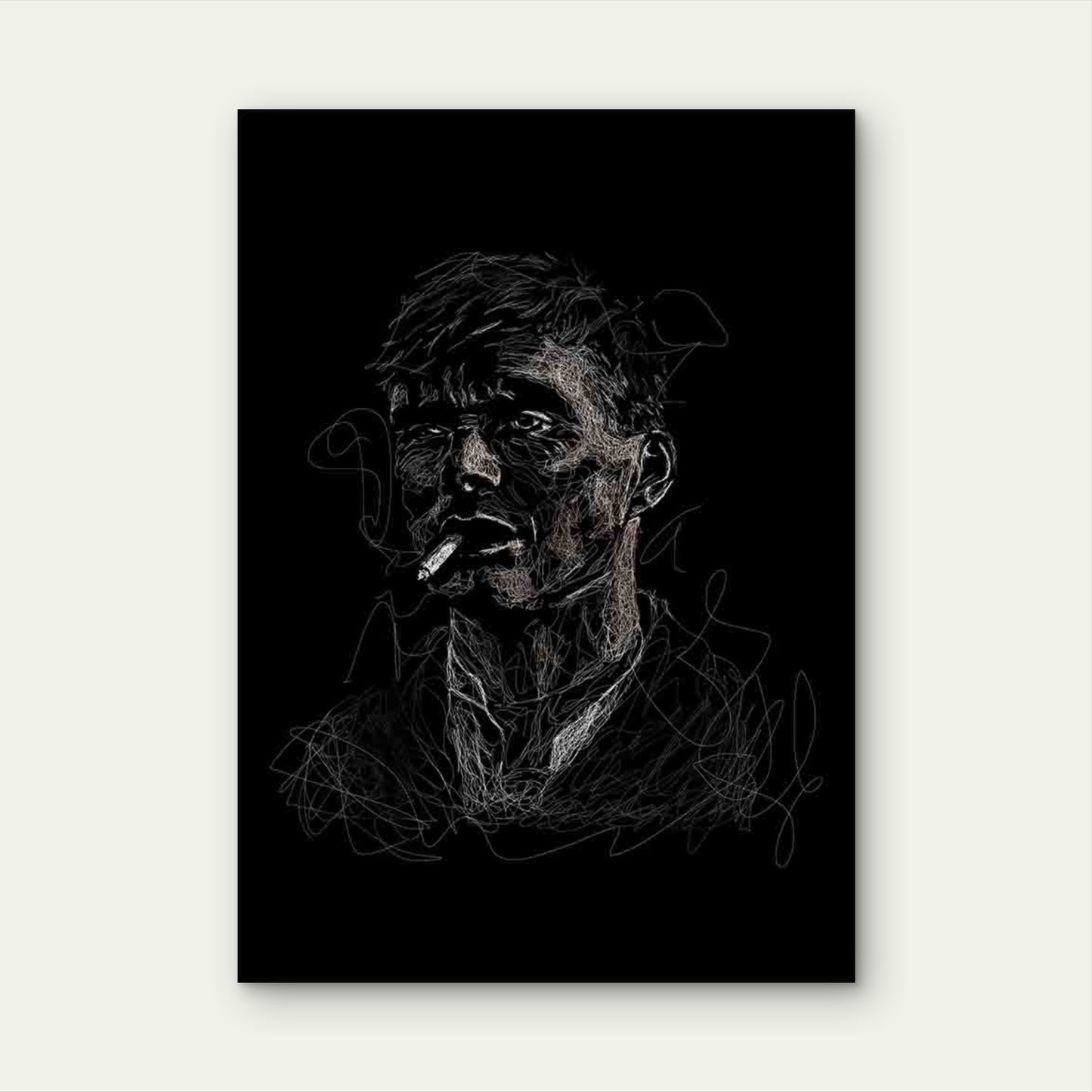 White Sketched Man Smoking Cigarette 40x60cm Metal Print Ready to Hang - Bella Home Decor