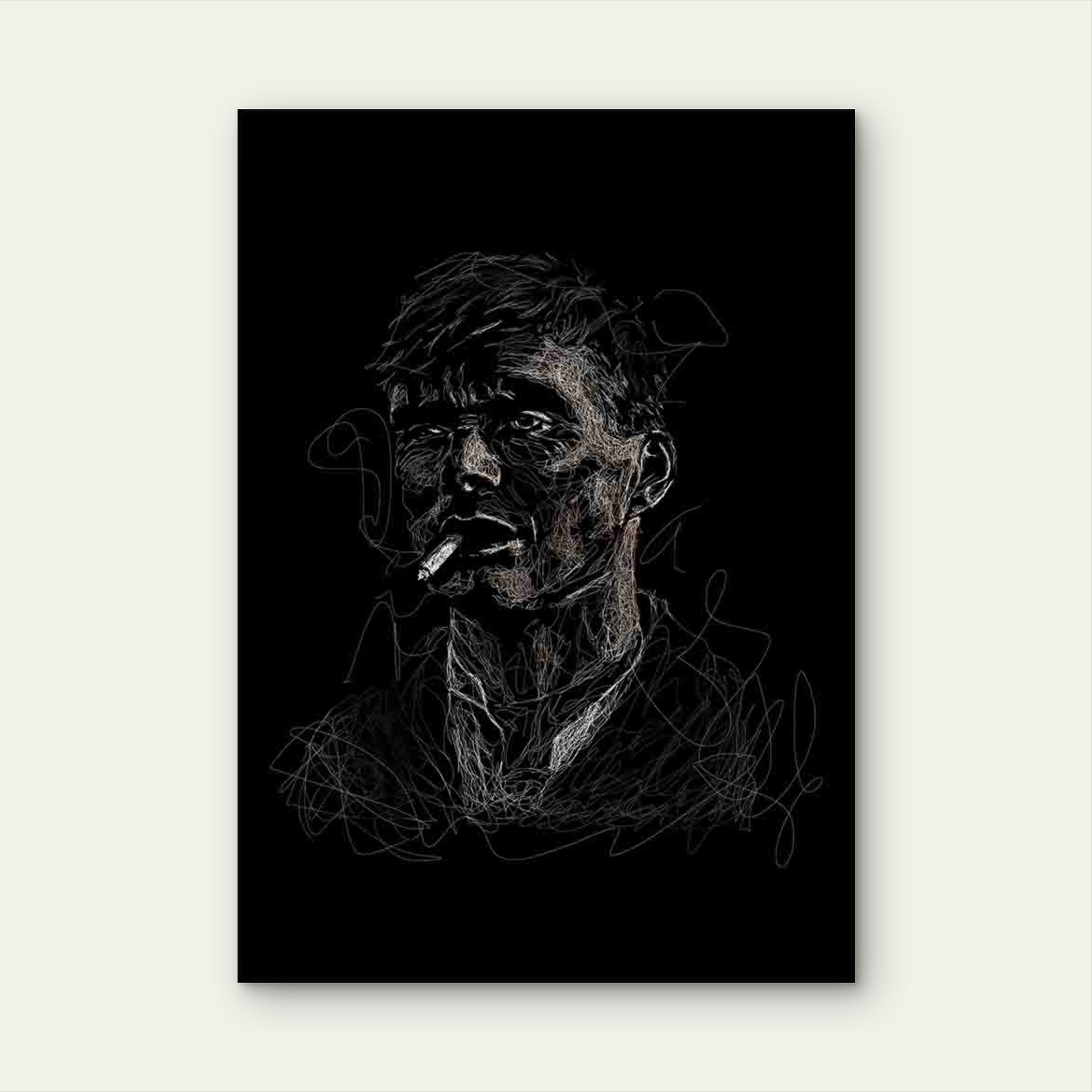 White Sketched Man Smoking Cigarette 40x60cm Metal Print Ready to Hang - Bella Home Decor