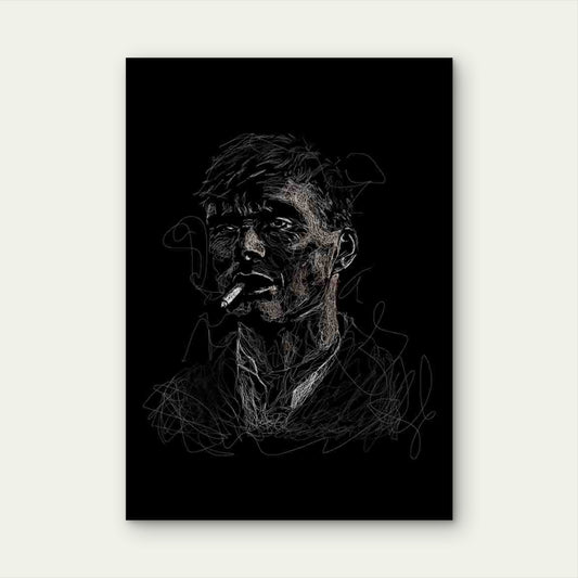 White Sketched Man Smoking Cigarette 40x60cm Metal Print Ready to Hang - Bella Home Decor
