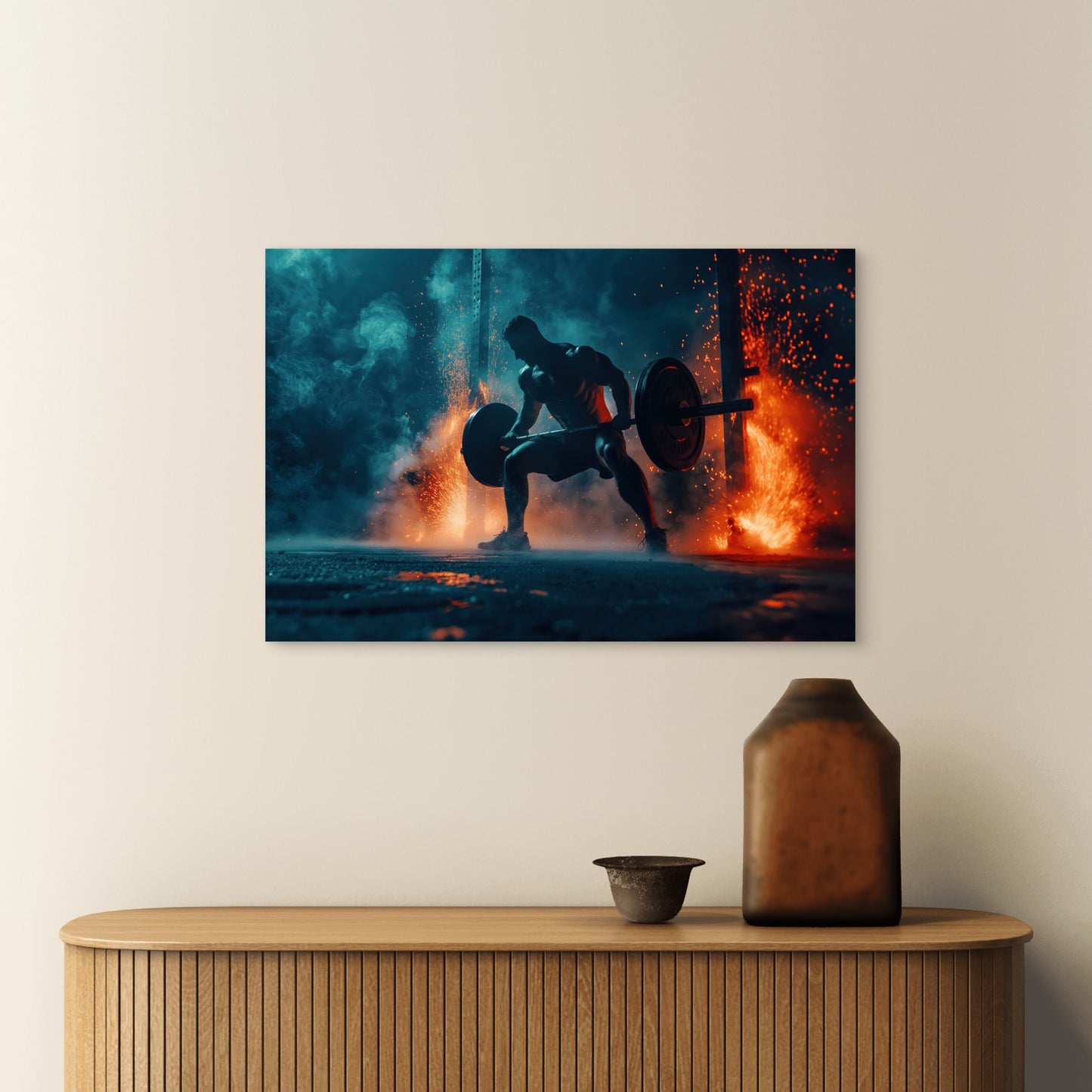 Heavy Lifter Amidst Sparks And Smoke Gym Fitness 5mm thick Plastic Poster Ready to Hang 90x60cm