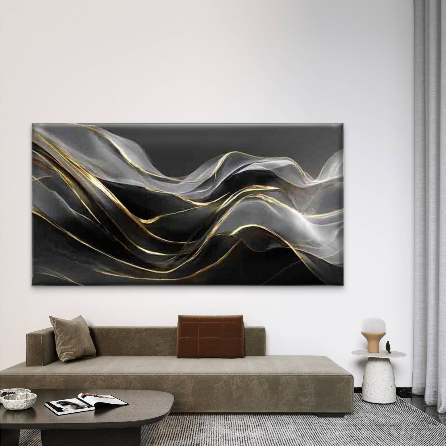 Abstract Black and Golden Waves Wall Art Canvas Office Home Room Framed 120x60cm