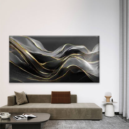 Abstract Black and Golden Waves Wall Art Canvas Office Home Room Framed 120x60cm