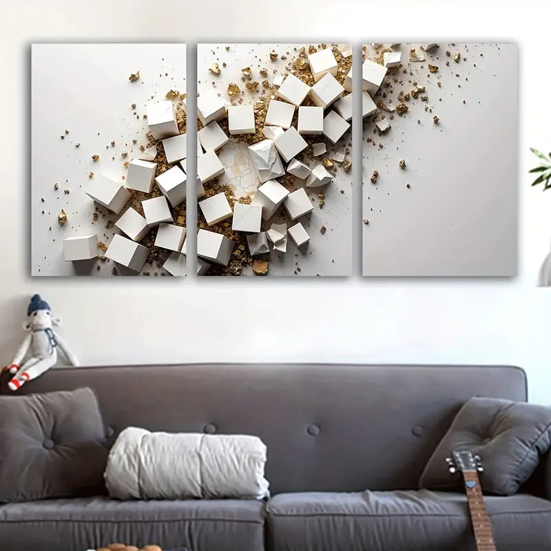 3pcs White & Gold Geometric Abstract Wall Art Set Canvas Framed 40x60cm - High Quality Print 100% Australian Made Wall Canvas Ready to Hang