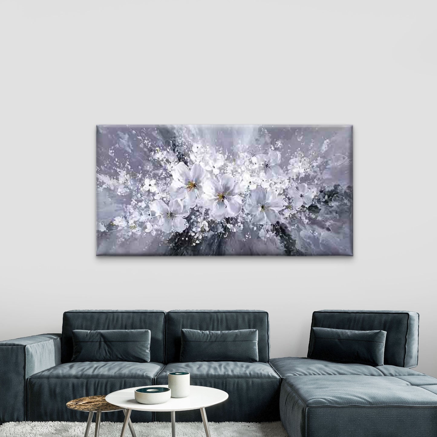 White Flowers Bursting Wall Art Canvas Office Home Room Framed 120x60cm - Bella Home Decor