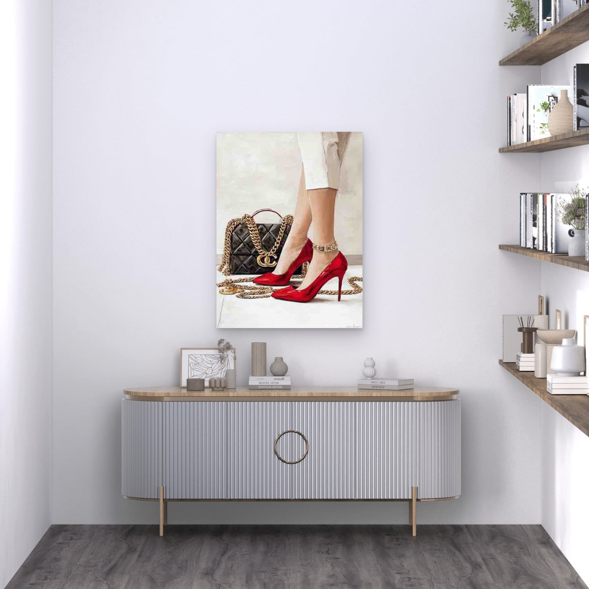 Red Heels, Golden Chain, Designer Bag 60x90cm Metal Print Ready to Hang
