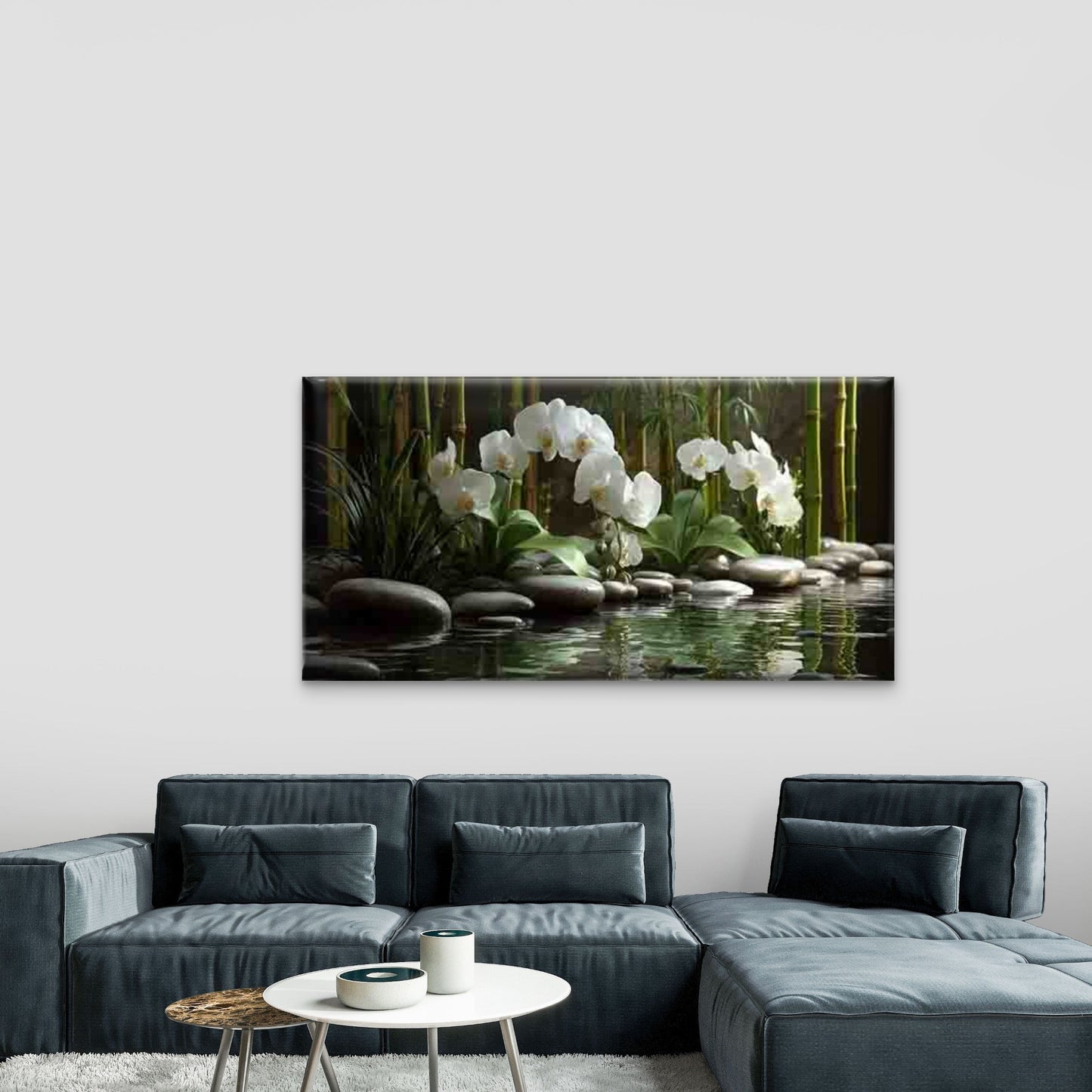 Bamboo Pond with White Orchids Wall Art Canvas Office Home Room Framed 120x60cm - Bella Home Decor
