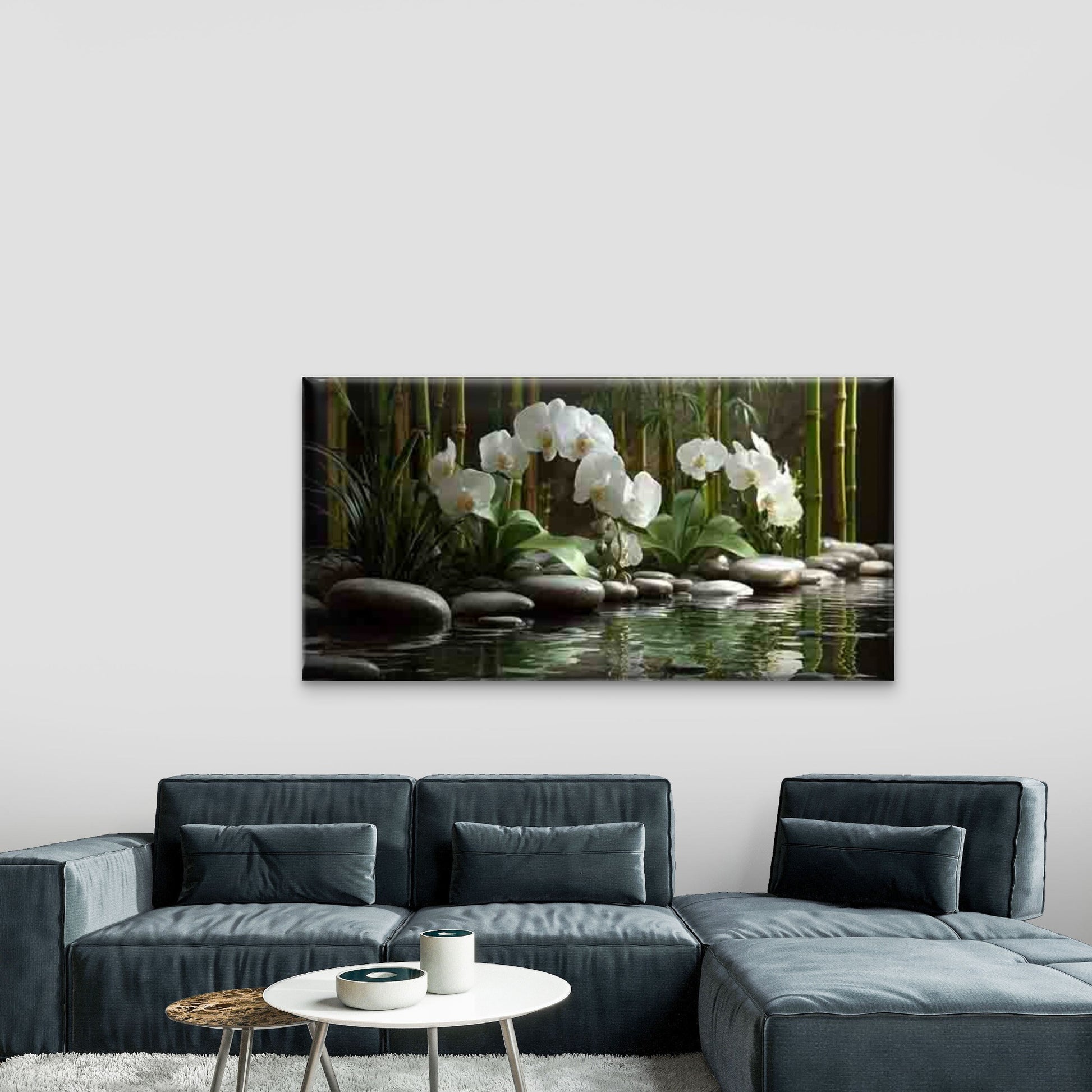 Bamboo Pond with White Orchids Wall Art Canvas Office Home Room Framed 120x60cm - Bella Home Decor