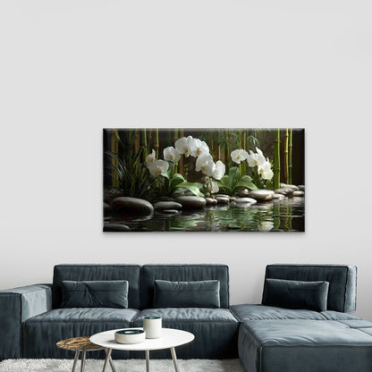 Bamboo Pond with White Orchids Wall Art Canvas Office Home Room Framed 120x60cm - Bella Home Decor