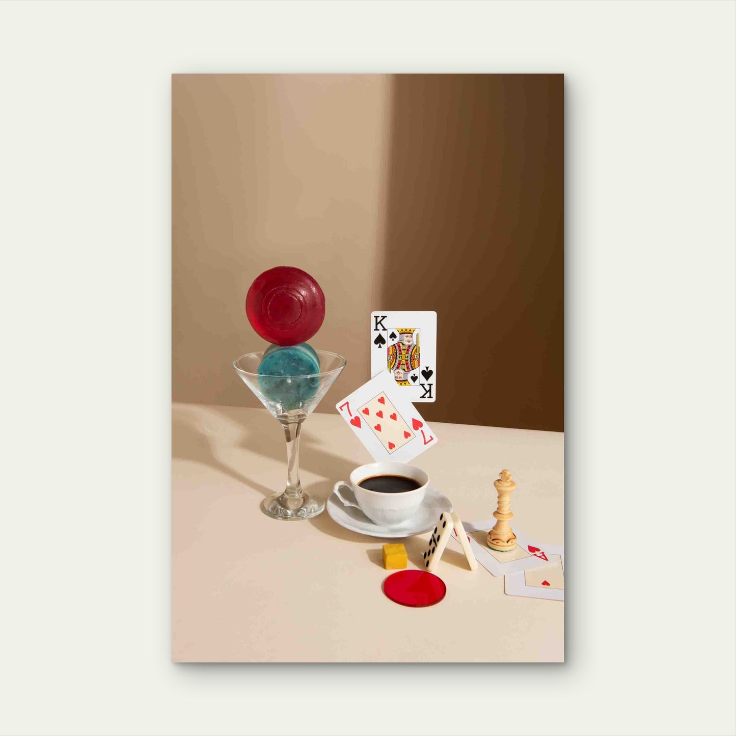 A Surreal Still Life Of Coffee And Classic Games 60x90cm Metal Print Ready to Hang - Bella Home Decor