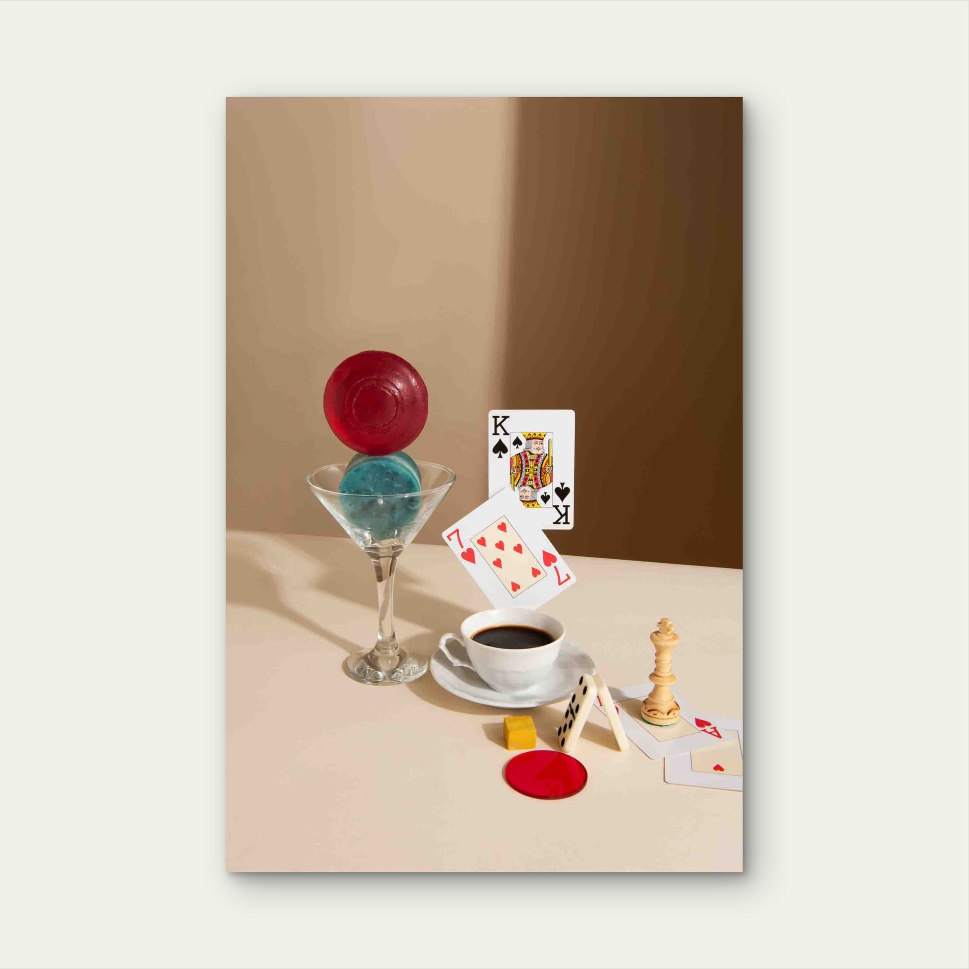 A Surreal Still Life Of Coffee And Classic Games 60x90cm Metal Print Ready to Hang - Bella Home Decor