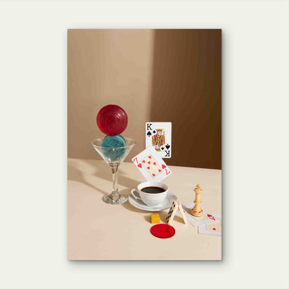 A Surreal Still Life Of Coffee And Classic Games Metal Print Ready to Hang - Bella Home Decor