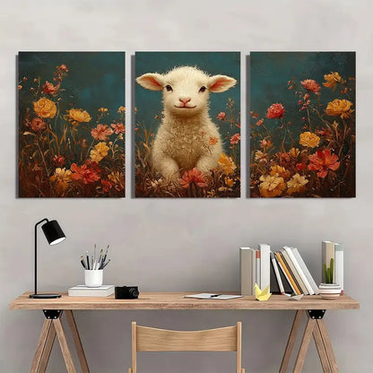 3pcs Vintage Lamb Canvas Metal Print Ready to Hang Art