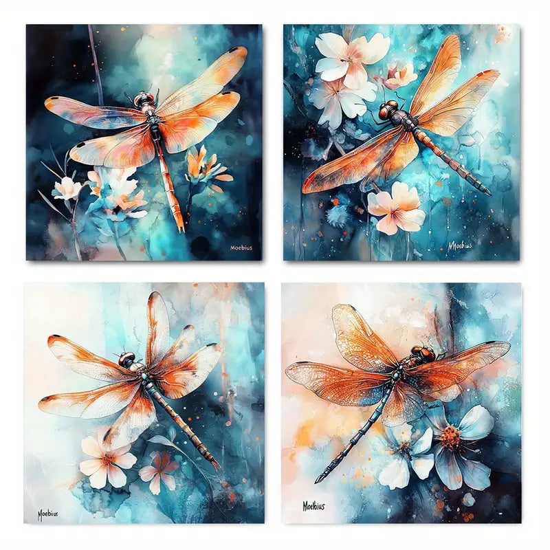 4pcs Dragonfly flowers Humid Environmen Wall Art Canvas Framed