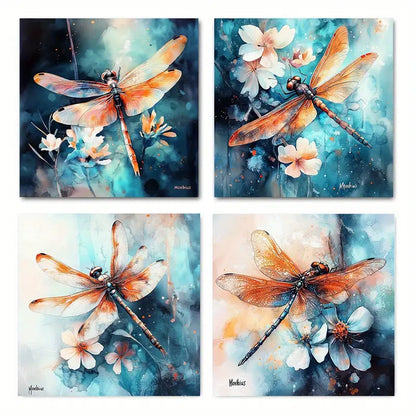 4pcs Dragonfly flowers Humid Environmen Wall Art Canvas Framed