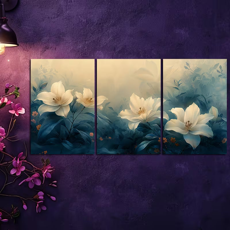 3pcs Elegant White Lily & Rose Floral Design Wall Art Set Canvas Framed 60x90cm - High Quality Print 100% Australian Made Wall Canvas Ready to Hang