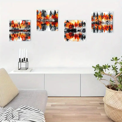 4pcs  Vibrant Autumn Forest Reflections  FR  Wall Art Canvas Framed