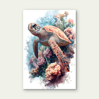 Turtle Floating in Coral Reef Illustration 60x90cm Metal Print Ready to Hang