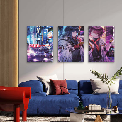 3pcs Cyberpunk Rainy City Neon Night Street Metal Print Ready to Hang Art