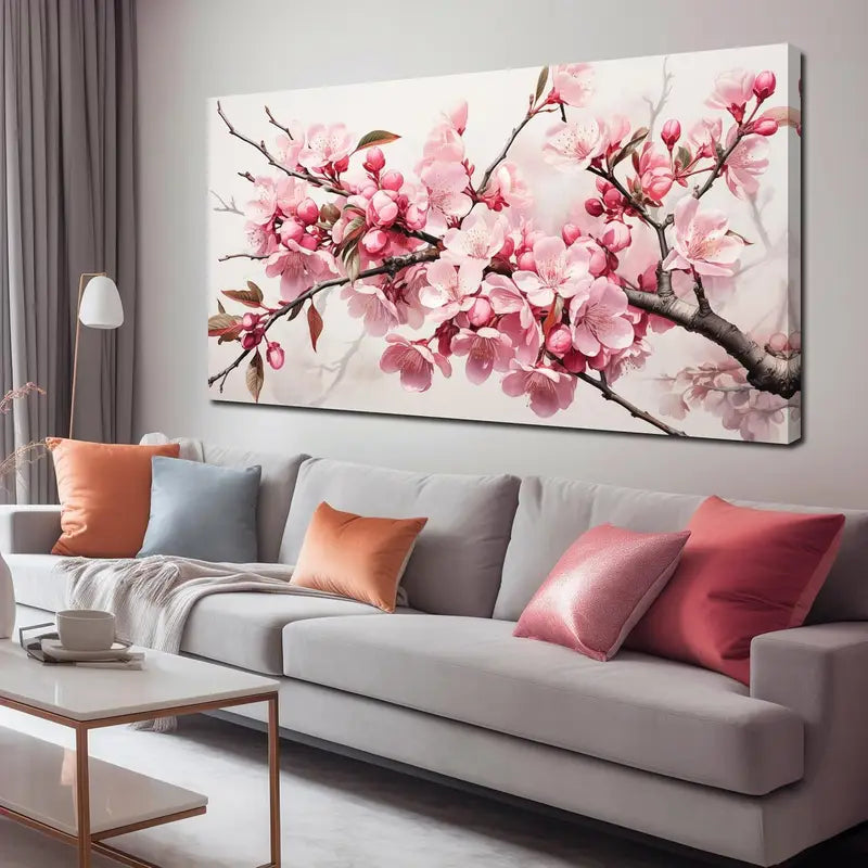 Pink Flower & Leaves Tree Wall Art canvas office home room framed 120x60cm - Bella Home Decor