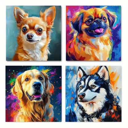 4pcs Cute Lovely Dog Abstract Colorful   Wall Art Canvas Framed