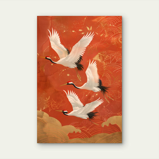Several Flying Cranes Retro Style Red Background 60x90cm Metal Print Ready to Hang