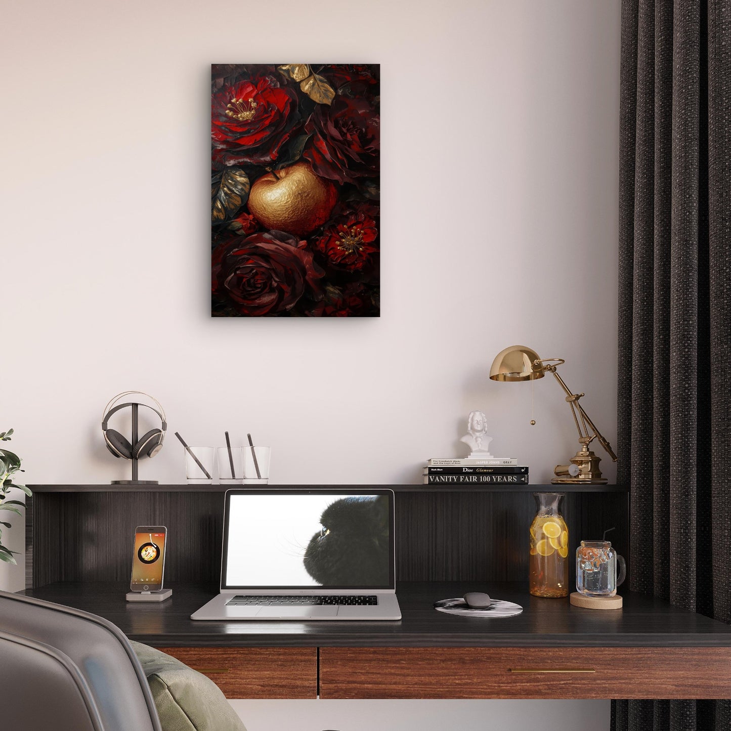 Dark Red Roses Metallic Gold Apple 40x60cm Metal Print Ready to Hang