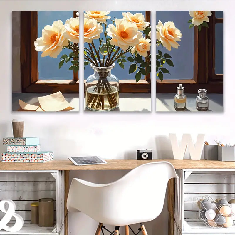 3pcs Floral Vase with White and Peach Roses Wall Art Set Canvas Framed 40x60cm - High Quality Print 100% Australian Made Wall Canvas Ready to Hang