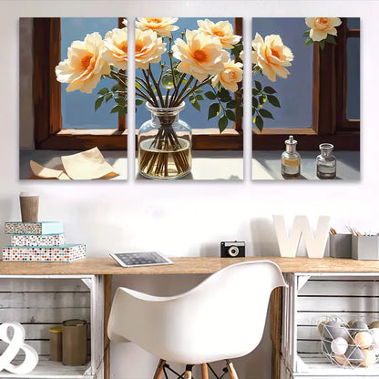 3pcs Floral Vase with White and Peach Roses Wall Art Set Canvas Framed 40x60cm - High Quality Print 100% Australian Made Wall Canvas Ready to Hang