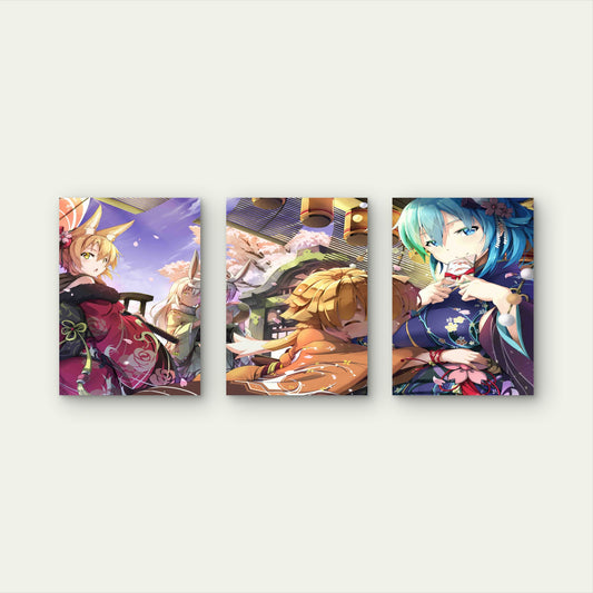 3pcs Anime Kimono Spring Festival Cherry Blossom Metal Print Ready to Hang Art