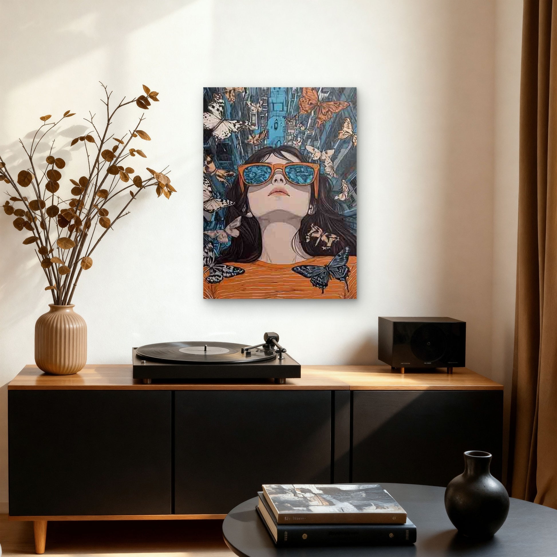 Girl with Orange Glasses and Butterflies Metal Print Ready to Hang - Bella Home Decor