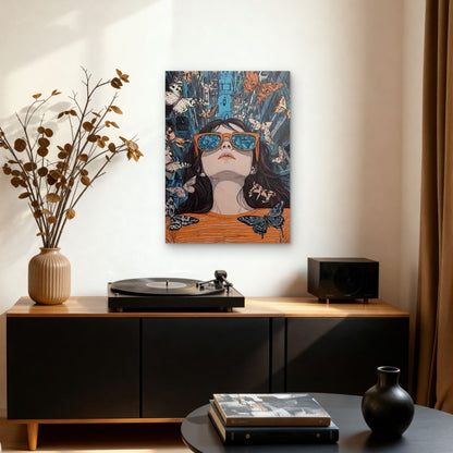 Girl with Orange Glasses and Butterflies Metal Print Ready to Hang - Bella Home Decor